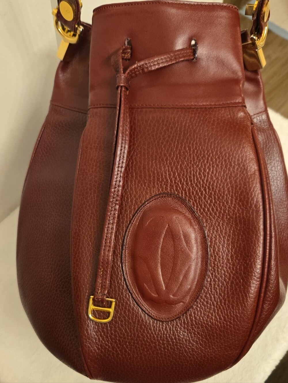 Cartier Vintage Bucket Bag In Burgundy Leather with Gold Hardware